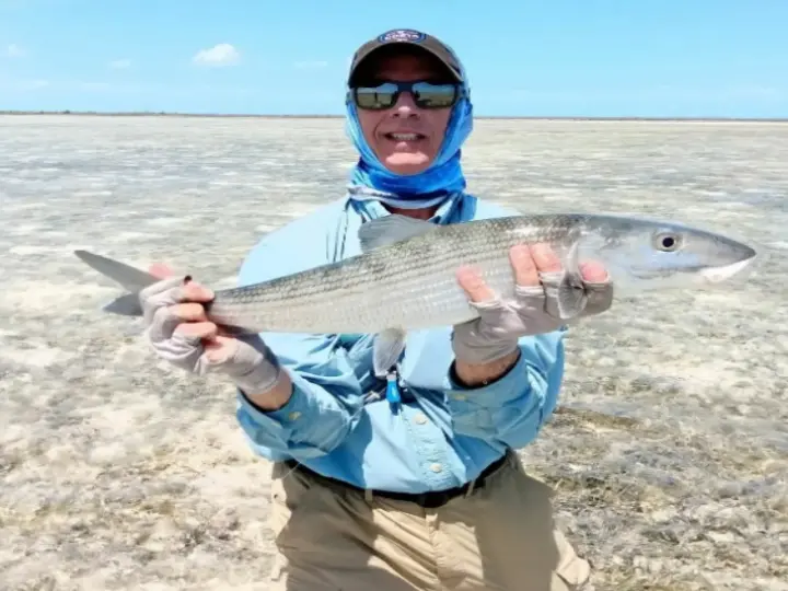 Angler holding a bonefish in shallow water